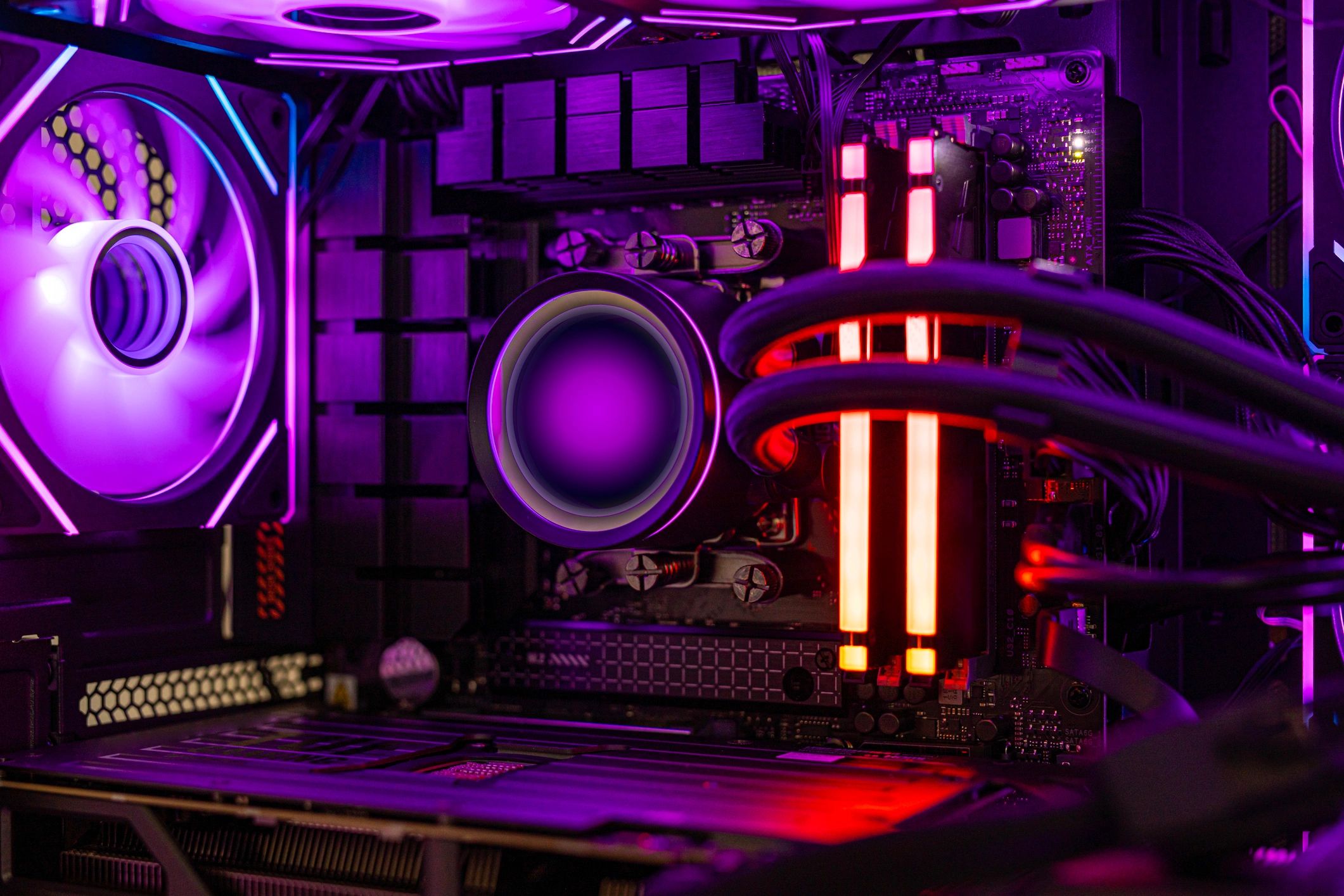 RGB gaming PC interior with liquid cooling